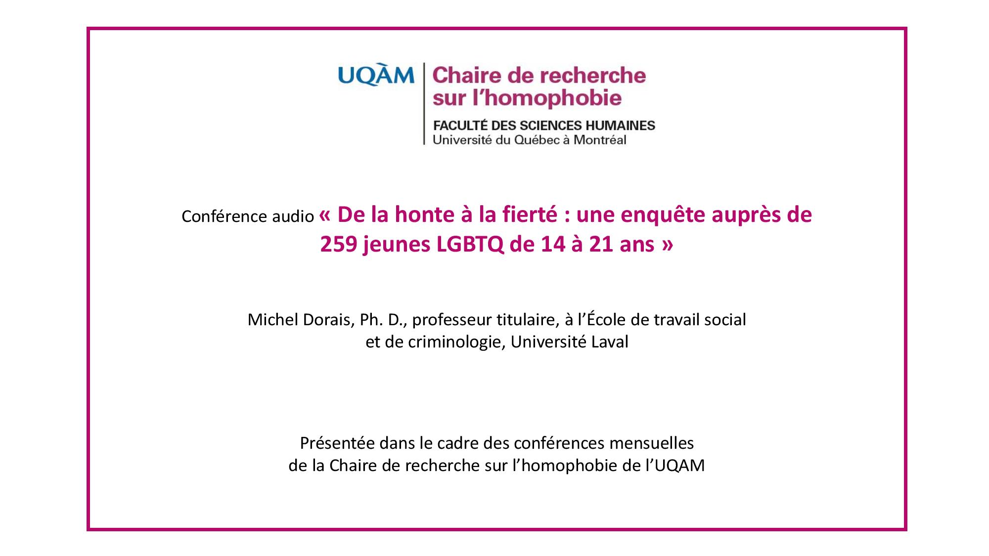 Conférence: «De la honte à fierté: une enquête auprès de 259 jeunes LGBTQ de 14 à 21 ans»