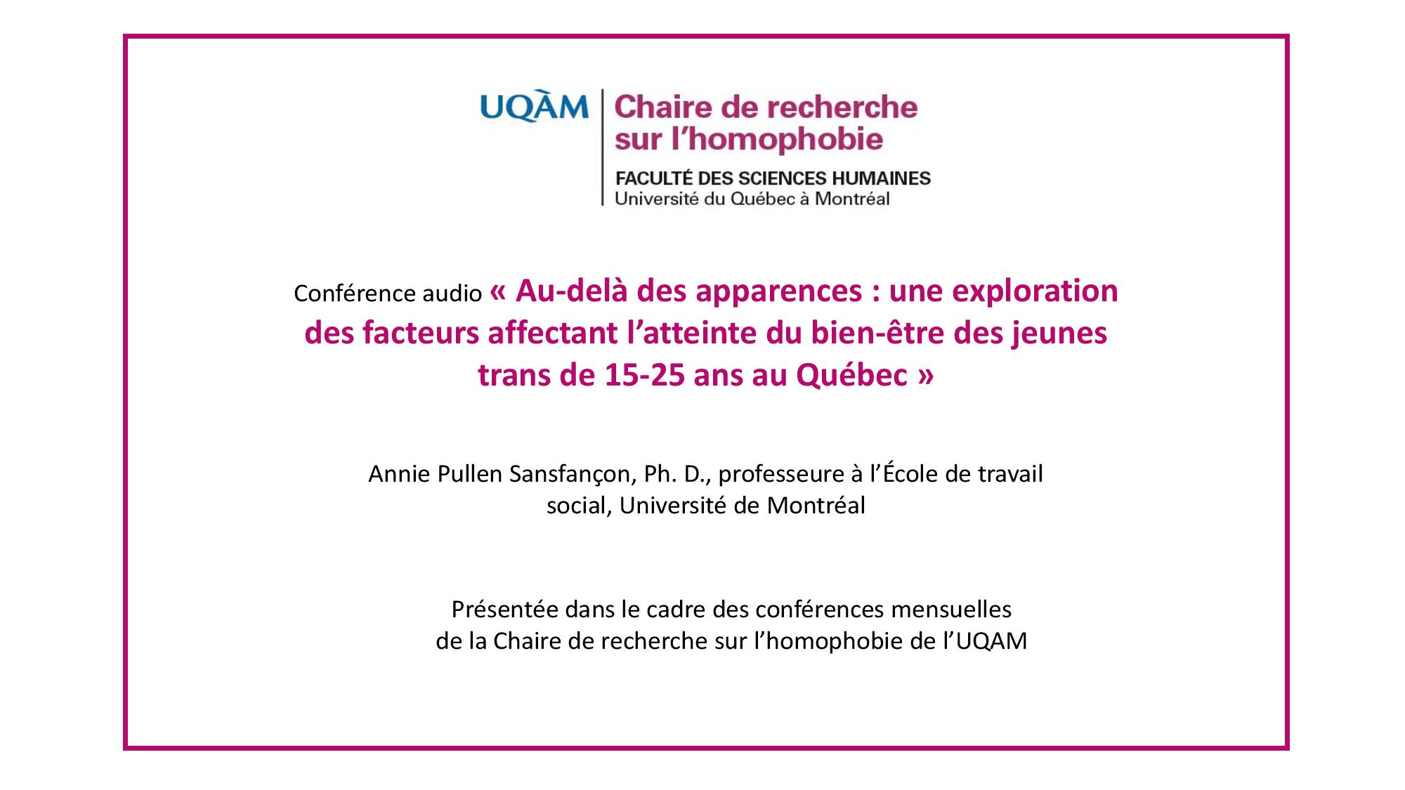 Conférence: «Au-delà des apparences: une exploration des facteurs affectant l’atteinte du bien-être des jeunes trans de 15-25 ans au Québec»