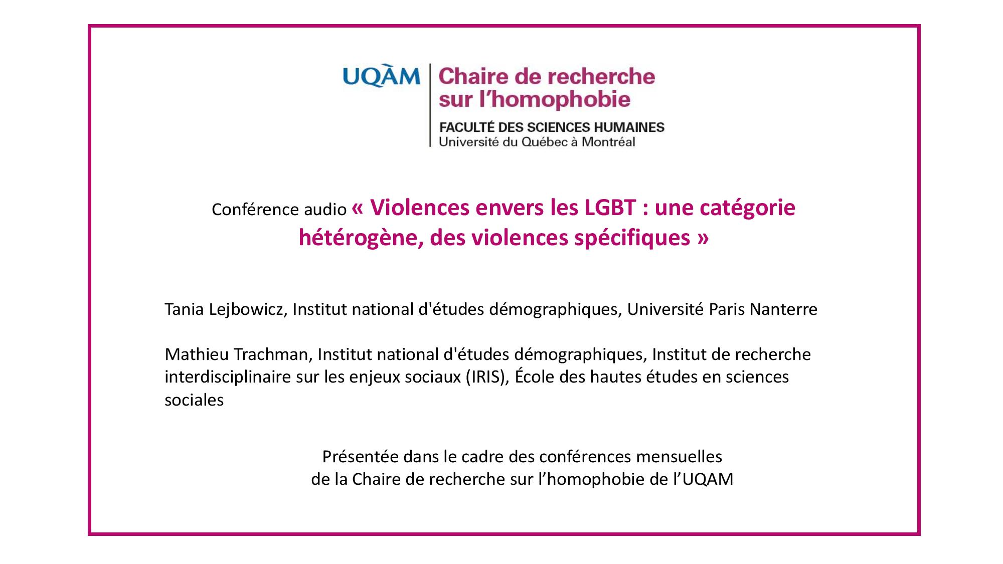 Conférence: «Violences envers les LGBT : une catégorie hétérogène, des violences spécifiques»
