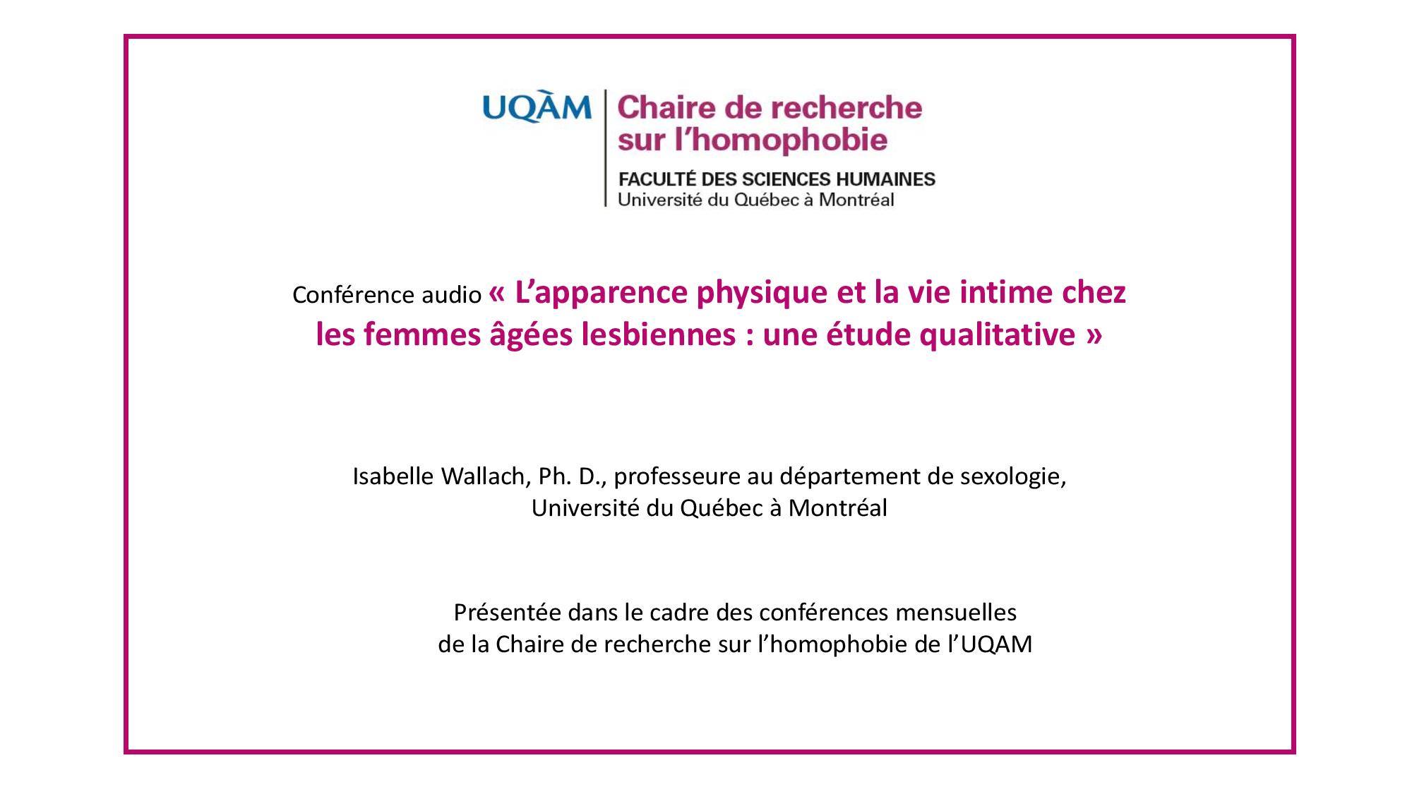 Conférence: «L’apparence physique et la vie intime chez les femmes âgées lesbiennes: une étude qualitative»