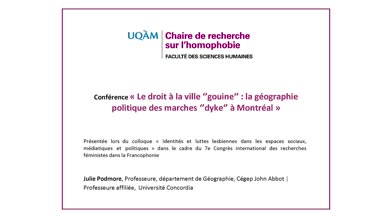 Conférence: «Le droit à la ville «gouine»: la géographie politique des marches «dyke» à Montréal» (audio)